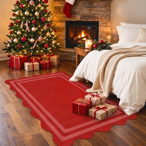 Washable 3x5 Christmas Rug, Soft Non Slip Indoor Door Mat Solid Red Entryway Rugs Stain Resistant Scalloped Carpet for Bedroom Kitchen Home Office - Image 3