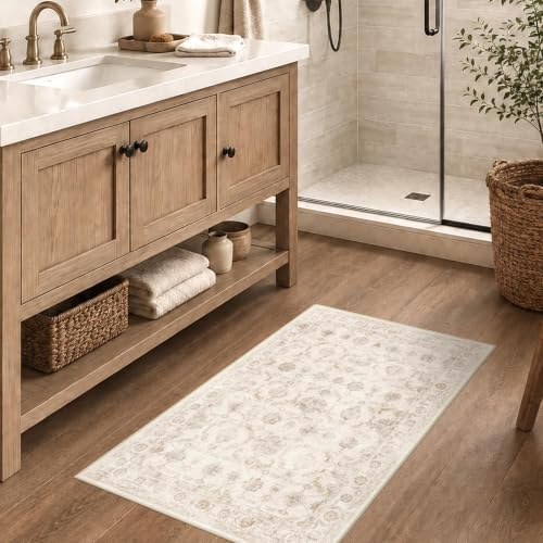 Washable 2x3 Entryway Area Rug Non-Slip Distressed Beige Throw Carpet by HOME
