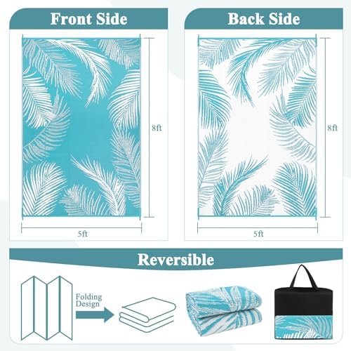 Pauwer Waterproof Outdoor Rug 5x8, Plastic Straw Patio Mat, Leaf Teal - Image 2