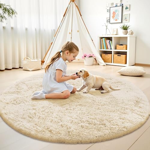OLANLY Cream Round Rugs for Bedroom - Machine Washable, 5 ft Circle Area Rugs for Living Room, Soft and Fluffy Shaggy Carpet for Teen Girl and Boys, Nursery Rooms, Dorms, Home Decor Aesthetic - Image 3