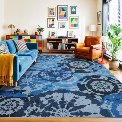 Large Boho Vintage 8x10 Area Rug, Blue Grey Low-Pile Washable Rug by Quntue