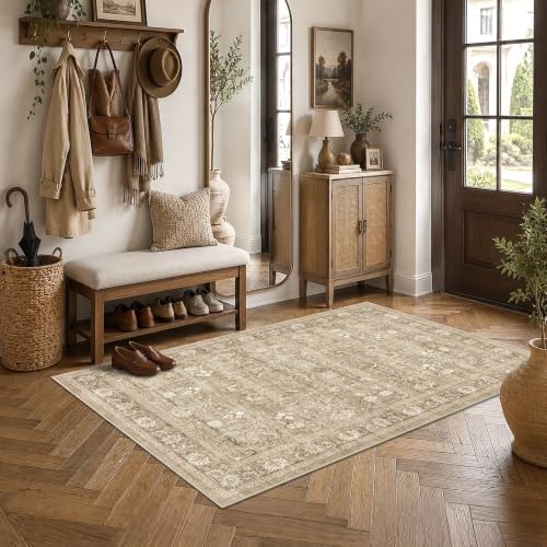 3x5 Washable Entryway Area Rug Non-Slip Vintage Khaki Throw Carpet by HOME