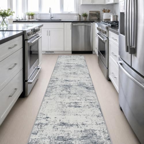 2.6x14 Washable Runner Rug:Modern Abstract Soft Carpet Blue Grey - Image 5