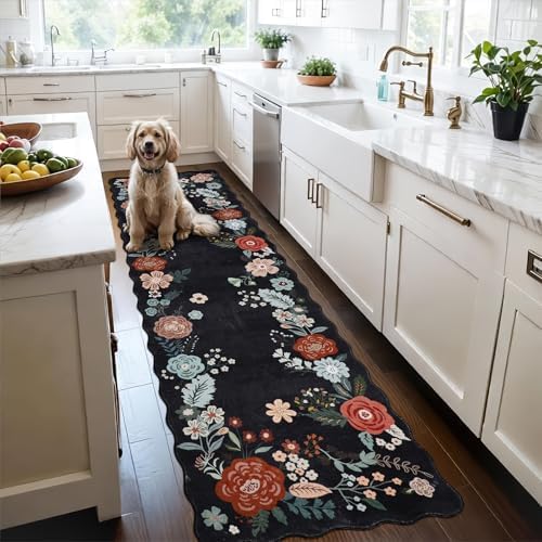 3x8 Runners for Hallways, Vintage Floral Kitchen Runner Rug with Non Slip Backing, Ultra Soft Water Resisitant Floor Mat for for Living Room, Entryway, Bedroom, Bathroom, Black by Homcomoda