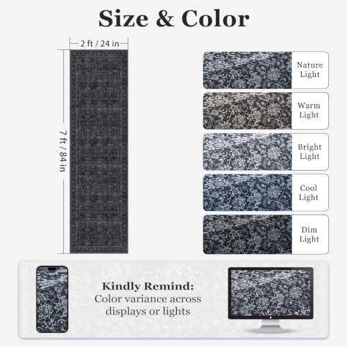 Dark 2x7 Hallway Runner Rug Non Slip, Vintage Charcoal Entryway Rugs for Inside House Mudroom, Kitchen Runner Rugs Non Skid Washable, Carpet Runner for Bathroom Laundry Room Bedroom, Midnight - Image 2