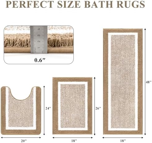 Pauwer Bathroom Rugs 3 Piece Set, Non Slip Washable Bath Mat, Khaki - Image 2