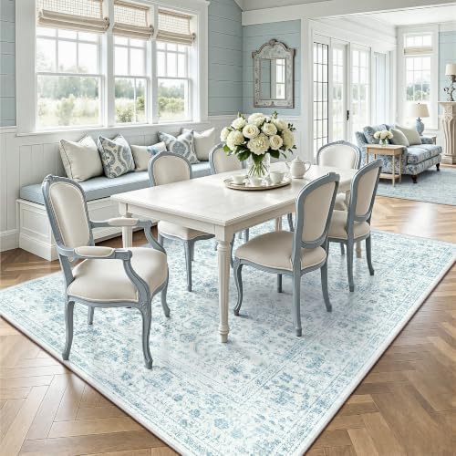 6x9 Area Rugs, Washable Vintage Retro Floral Rug for Living Room, Low Pile Non Slip Distressed Large Carpet for Bedroom, Dining Room, Office, Home (Blue) - Image 4