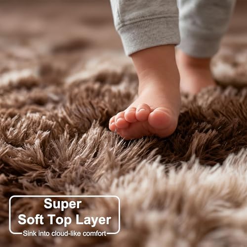 Amdrebio Brown Tan Round Fluffy Kids Area Rug 5Ft for Bedroom Living Room - Image 2