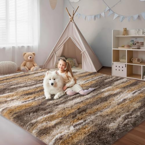 6x9 Abstract Brown Fluffy Rug for Bedroom Living Room Washable Non-Slip - Image 4