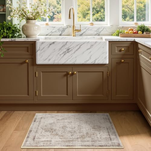 Oatmeal Medallion 2x3 Entryway Rug, Low Pile Ultra Thin Washable Kitchen Rugs Non Slip, Neutral Distressed Transitional Small Rug for Bathroom, Farmhouse Inside Door Mats for Entrance Foyer - Image 3