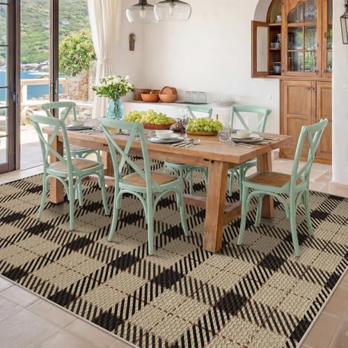 JTJ Easy Jute 6x9 Outdoor Area Rug, Black & Beige Plaid, Washable - Image 3