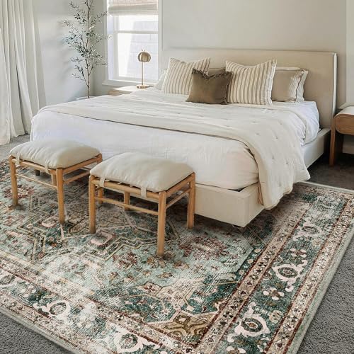 CHAMPLANT Washable Area Rug 5'x7' Green Retro Boho Chic Medallion Distressed Design Living Room Indoor Non-Slip Large Oriental Accent Throw Rugs for Kitchen Bedroom Office Carpet - Image 2