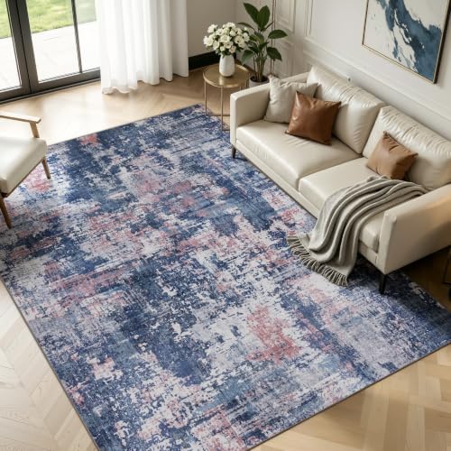 Sasttie 10x14 Washable Area Rug, Modern Abstract Large Carpet, Pink & Blue by SASTTIE