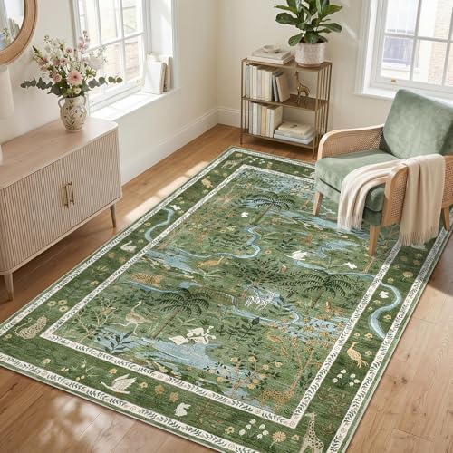 4x6 Whimsical Safari Nursery Area Rug Washable Non Slip Small Living Room Rugs Low Pile Animal Print Girs Bedroom Green Throw Carpet Forest Fairy Tale Area Rugs for Entry Kids Room, Green - Image 4