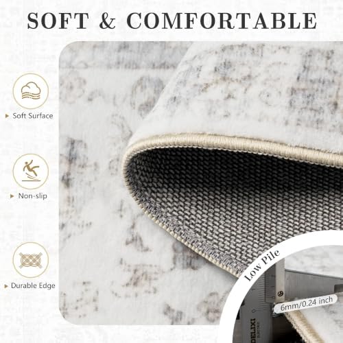 6x9 Area Rugs, Washable Vintage Retro Floral Rug for Living Room, Low Pile Non Slip Distressed Large Carpet for Bedroom, Dining Room, Office, Home (Beige & White) - Image 7