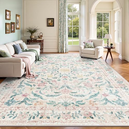8x10 Area Rugs, Machine Washable Low Pile Floral Rugs for Living Room, Bedroom, Large Boho Area Rug with Non-Slip Backing for Dining Room(Pink Bloom) by Yarooge