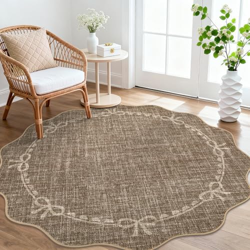 GarveeHome 5ft Round Rugs Washable Scalloped Bow Rug for Bedroom, Brown - Image 2
