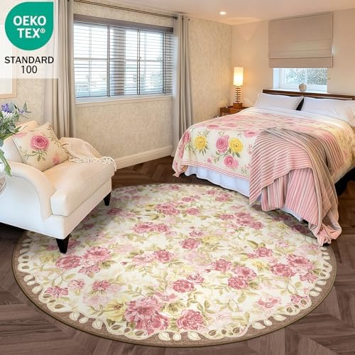 Washable 6ft Round Area Rug, Cream Boho Floral Non-Slip for Living Room - Image 3