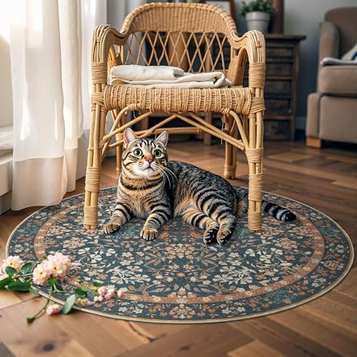 jinchan 4ft Washable Round Area Rug, Soft Floral Non-Slip, Dark Blue - Image 4