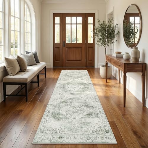Garvee Sage Green Boho Washable 2.5x8 Runner Rug for Kitchen Hallways Entryway by Garvee