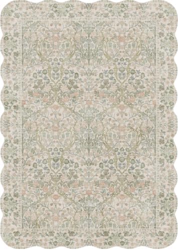 RUUGME Scalloped Rug Runner 2'6x12 Floral Washable Rug Beige Sage Green by RUUGME