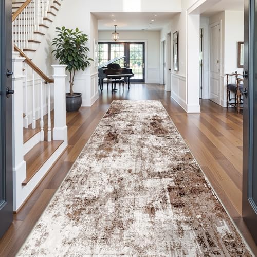 5x12 Runner Rug for Wide Hallway: Long Washable Runners for Entryway Living Room Dining Room - Stain and Water Resistant Rugs with Non-Slip Backing - Soft Low-Pile Carpet Brown Khaki White by WIEVEDENS