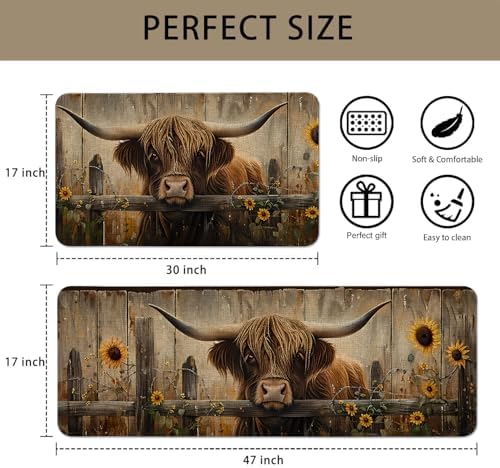 Farmhouse Kitchen Rugs Sets of 2 Non Slip Washable, Country Rustic Brown Highland Cow Kitchen Mats for Floor 2 Piece Home Decor - Image 3