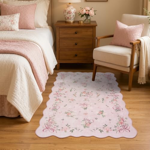 Wonnitar Pink Bow Floral Bedroom Rug, 4x6 Area Rug for Baby Girl Nursery by Wonnitar