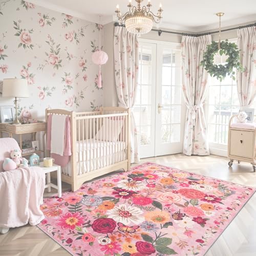 Pink Floral Area Rug 5x7 for Living Room Bedroom by WelcometoBabovid