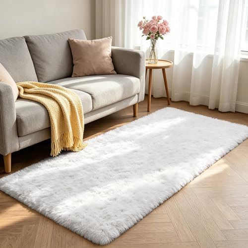 Shag Runner Rug for Bedroom Living Room 2x6 Upgrade Non-Slip Fluffy Soft Bedside Rugs,White Shaggy Carpet for Livingroom Dorm Home Decor Aesthetic - Image 2