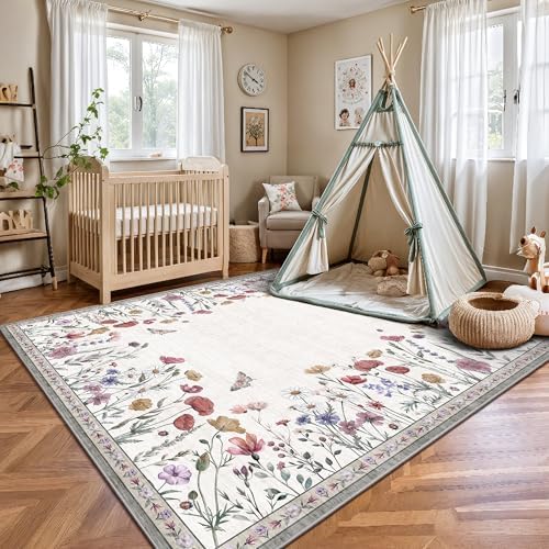 5x7 Area Rugs, Rugs for Bedroom, Indoor Non-Slip Washable Rug for Living Room, Dining Room, Low Pile Home Decor Floral Rug(Classic Beige) - Image 4