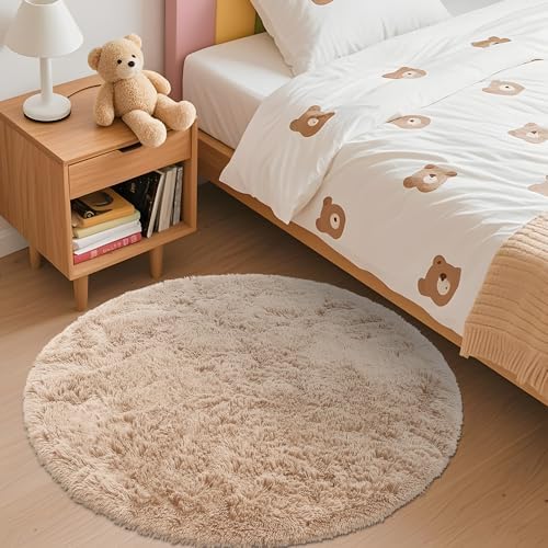 OLANLY Beige Round Rugs for Bedroom - Machine Washable, 3 ft Circle Area Rugs for Living Room, Soft and Fluffy Shaggy Carpet for Teen Girls and Boys, Nursery Rooms, Dorms, Home Decor Aesthetic - Image 3