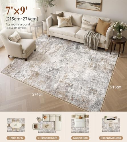 UERMEI 7x9 Area Rug Living Room Rugs - Washable Neutral Modern Abstract Soft Thin Large Rug Indoor Floor No Slip Rug Carpet for Bedroom Under Dining Table Home Office Decor - Brown Grey - Image 3