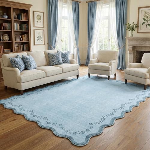 GarveeHome 5x7 Scalloped Area Rug Blue Washable Bedroom Living Room Rug by GarveeHome