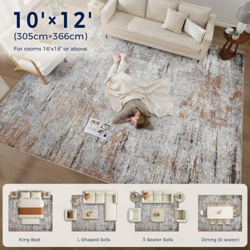 DMOYEST Area Rug Living Room Rugs - 10x12 Large Soft Indoor Neutral Modern Abstract Low Pile Washable Rug Carpet for Bedroom Dining Room Farmhouse Home Office - Grey Rust - Image 6