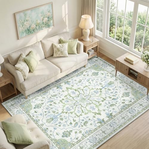 RELEANY Washable Area Rug, 6'x9', Green/White/Blue - Image 4