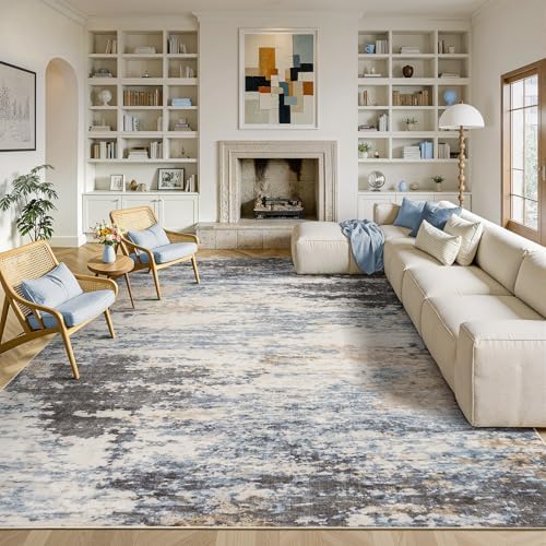 10x14 Area Rug for Living Room, Abstract Washable Large Rugs, Grey/ Blue by Lofus