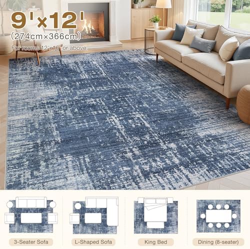 kakania Abstract 9x12 Area Rugs for Living Room: Washable Rugs Dark Blue - Image 2