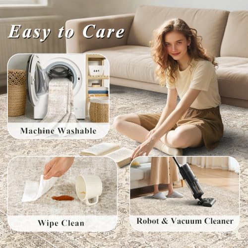 Schweek 4x6 Beige Area Rug Washable Non Slip Vintage Neutral Entryway Rugs - Image 6