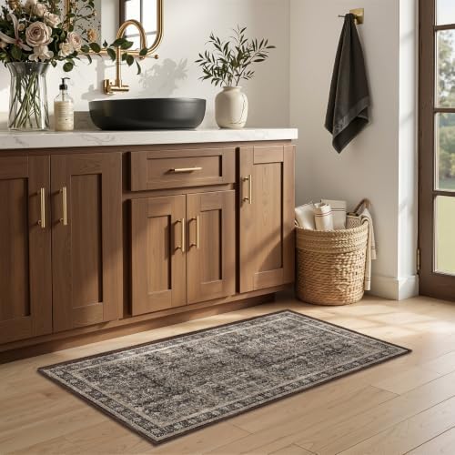 Washable Small Door Rug 2'x4', Vintage MCM, Black/Brown/Beige - Image 4