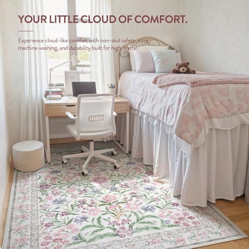 Lahome Boho Purple Floral 5x7 Area Rugs, Washable Rugs for Bedroom Nursery - Image 4