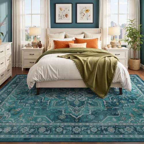 Washable Large Area Rug 10'x12' Living Room, Vintage Medallion, Teal - Image 3