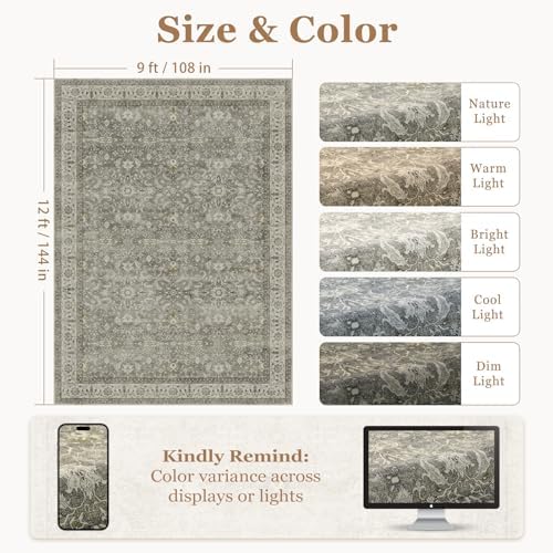 Neutral Gray Large Area Rugs 9x12 Living Room, Washable Non Slip Low Pile Big Carpet for Bedroom Dining Room, Modern Faromhouse French Print Decorative Rug for Family Room, Gray/Beige/Olive - Image 2