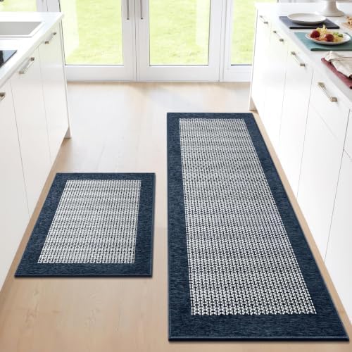 StepRite Kitchen Rugs 2 PCS, Kitchen Mats for Floor, 20"x32"+20"x60", Navy by Bringcushiontoyourlife