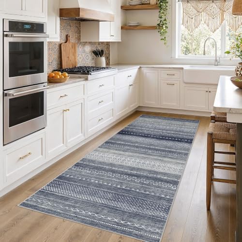 Nakagishi Area Rug Living Room Rugs: 3X8 Machine Washable Boho Large Neutral Farmhouse Stain Resistant Moroccan Indoor Floor Carpet for Bedroom Nursery Dorm Dining Room Home-Denim Blue by NakagishiAreaRug
