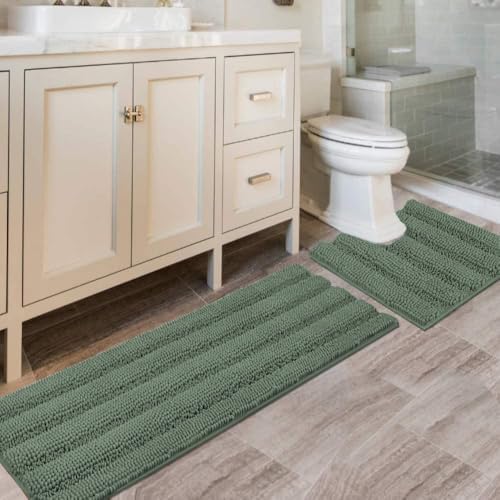 H.VERSAILTEX Bathroom Rugs Bath Rug Set 2 Piece Bathroom Contour Rug Toilet Mat Non Slip Contour Bath Rug Ultra Thick Water Absorbent Striped Bath Mats Washable(47" x 17" Plus 20" x 20" U, Green Bay) by HVERSAILTEX