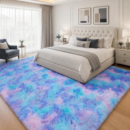 PLHXFR 8x10 Area Rugs Living Room: Fluffy Bedroom Soft Shag Rug Kid Rainbow - Image 3