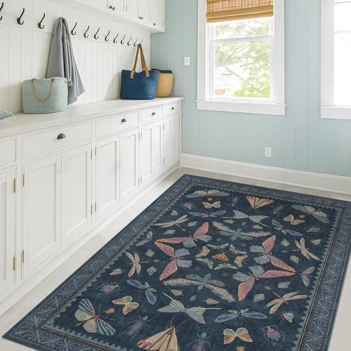 Blue Rugs for Bedroom - 4x6 Washable Area Rug for Large Entryway, Living Room, Kitchen Floor, Dark Whimsical Home Décor, Vintage Low Pile & Soft Non Slip Carpet - Image 6