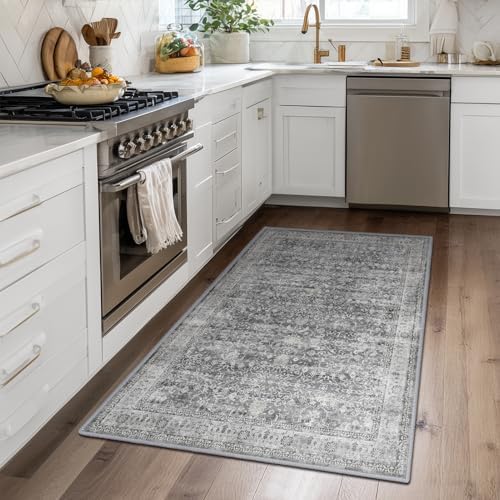 Grey Vintage 3x5 Entryway Rug Indoor Foyer, Neutral Gray Throw Rug for Kitchen Bathroom, Machine Washable Non Slip Thin Area Rug for Nursery/Bedroom Bedside/Home Office/Dorm - Image 4