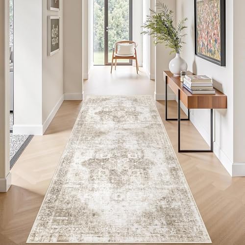 Runner Rug 2x6 Washable Rug, Vintage Boho Medallion Hallway Runner Non-Slip Soft Low Pile Distressed Floor Carpet Retro Doormat for Kitchen Bedroom Laundry Entryway Bathroom (Taupe, 2'x6') by VECARF